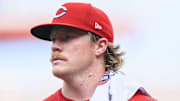 Jul 9, 2025; Cincinnati, Ohio, USA; Cincinnati Reds starting pitcher Andrew Abbott (41) walks to the dugout before the game against the Miami Marlins at Great American Ball Park. Mandatory Credit: Katie Stratman-Imagn Images