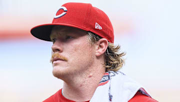 Jul 9, 2025; Cincinnati, Ohio, USA; Cincinnati Reds starting pitcher Andrew Abbott (41) walks to the dugout before the game against the Miami Marlins at Great American Ball Park. Mandatory Credit: Katie Stratman-Imagn Images