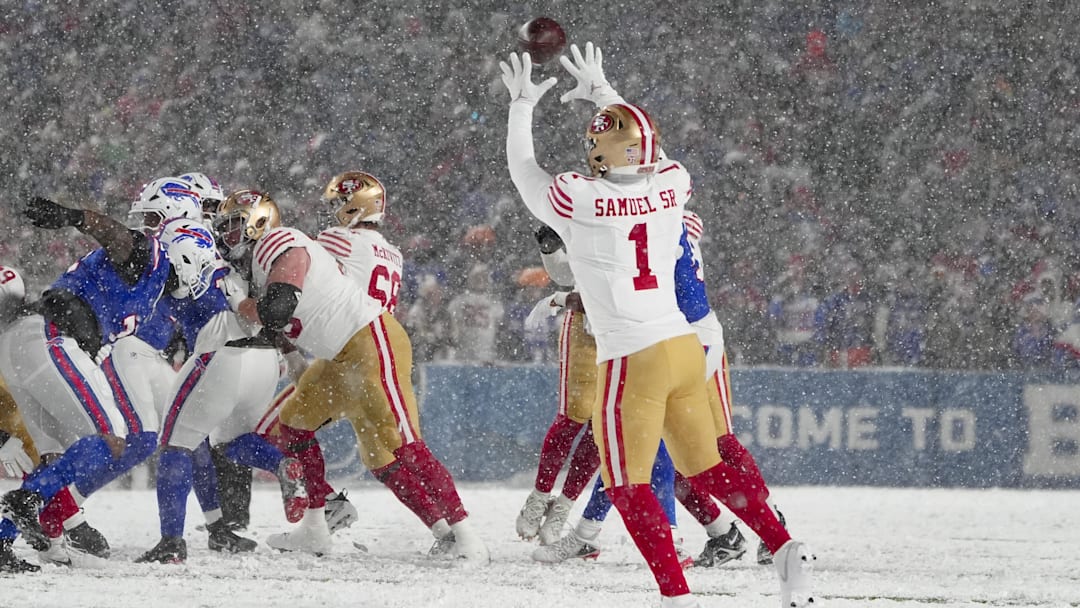 Dec 1, 2024; Orchard Park, New York, USA; San Francisco 49ers wide receiver Deebo Samuel Sr. (1) makes a catch against the Buffalo Bills during the second half at Highmark Stadium. Mandatory Credit: Gregory Fisher-Imagn Images
