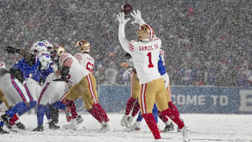 Dec 1, 2024; Orchard Park, New York, USA; San Francisco 49ers wide receiver Deebo Samuel Sr. (1) makes a catch against the Buffalo Bills during the second half at Highmark Stadium. Mandatory Credit: Gregory Fisher-Imagn Images