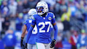 Nov 30, 2025; Seattle, Washington, USA; Seattle Seahawks cornerback Riq Woolen (27) reacts after a play during the second half against the Minnesota Vikings at Lumen Field. Mandatory Credit: Kevin Ng-Imagn Images