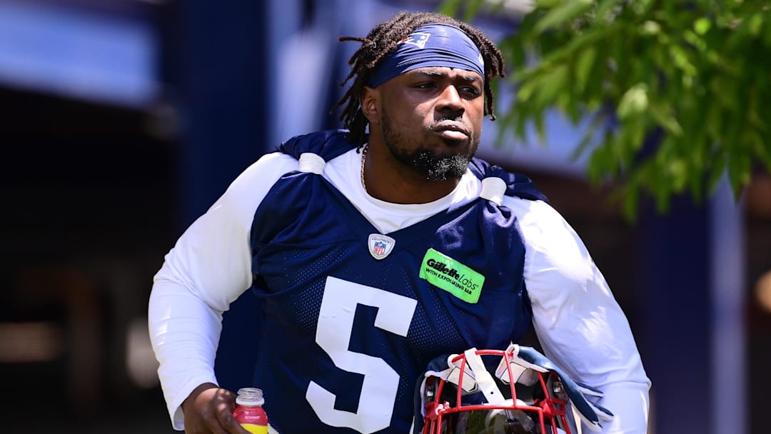 Jun 10, 2024; Foxborough, MA, USA; New England Patriots safety Jabrill Peppers (5) walks to the practice fields for minicamp at Gillette Stadium. Mandatory Credit: Eric Canha-Imagn Images