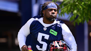 Jun 10, 2024; Foxborough, MA, USA; New England Patriots safety Jabrill Peppers (5) walks to the practice fields for minicamp at Gillette Stadium. Mandatory Credit: Eric Canha-Imagn Images