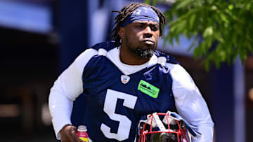 Jun 10, 2024; Foxborough, MA, USA; New England Patriots safety Jabrill Peppers (5) walks to the practice fields for minicamp at Gillette Stadium. Mandatory Credit: Eric Canha-Imagn Images