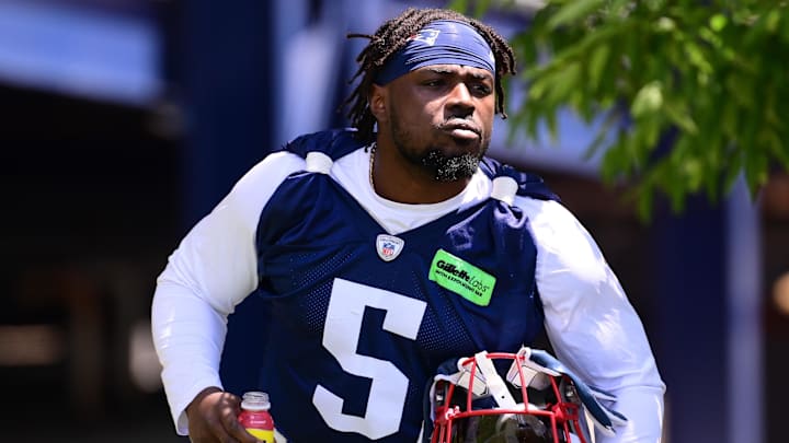 Jun 10, 2024; Foxborough, MA, USA; New England Patriots safety Jabrill Peppers (5) walks to the practice fields for minicamp at Gillette Stadium. Mandatory Credit: Eric Canha-Imagn Images