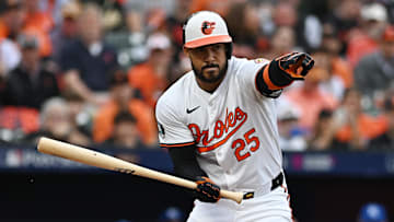 Oct 1, 2024; Baltimore, Maryland, USA; Baltimore Orioles outfielder Anthony Santander (25) appeals to first base on a checked swing against the Kansas City Royals in the first inning in game one of the Wild Card round for the 2024 MLB Playoffs at Oriole Park at Camden Yards.
