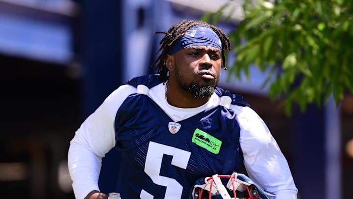 Jun 10, 2024; Foxborough, MA, USA; New England Patriots safety Jabrill Peppers (5) walks to the practice fields for minicamp at Gillette Stadium. Mandatory Credit: Eric Canha-Imagn Images