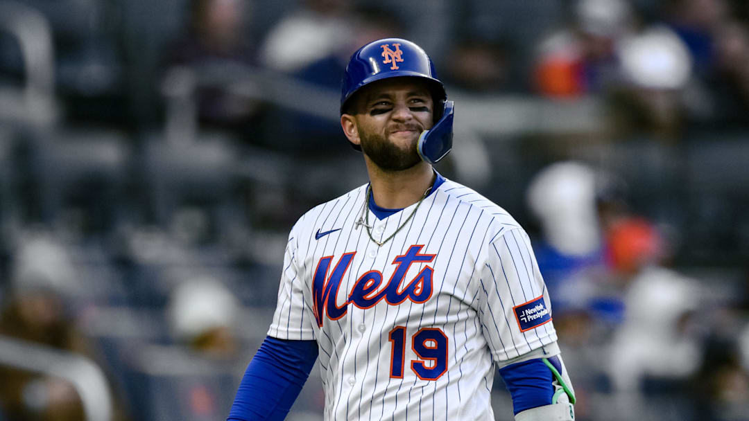 Apr 8, 2026; New York City, New York, USA; New York Mets shortstop Bo Bichette (19) reacts after striking out against the Arizona Diamondbacks during the seventh inning at Citi Field. Mandatory Credit: John Jones-Imagn Images