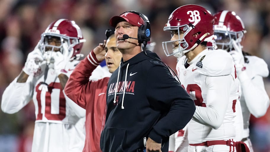 Alabama head coach Kalen DeBoer on the sideline.