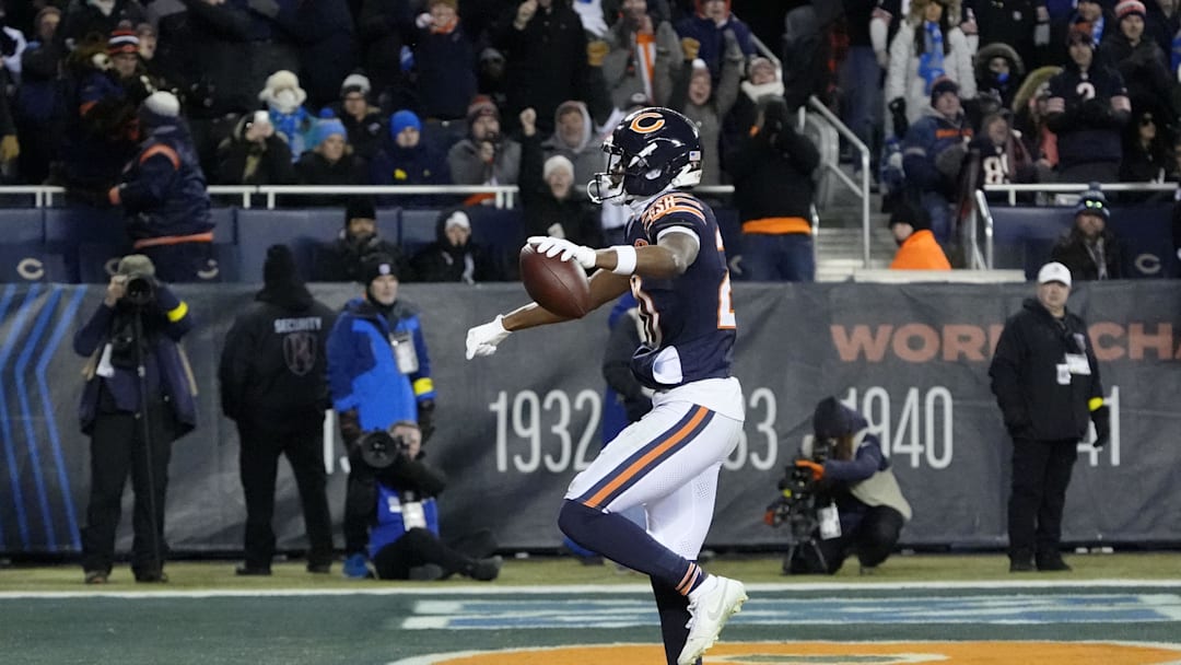 Jan 4, 2026; Chicago, Illinois, USA; Chicago Bears wide receiver Jahdae Walker (20) reacts after scoring a touchdown against the Detroit Lions during the first half at Soldier Field. Mandatory Credit: David Banks-Imagn Images