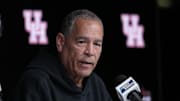 Apr 6, 2025; San Antonio, TX, USA; Houston head coach Kelvin Sampson talks to the media at the Alamodome. Mandatory Credit: Robert Deutsch-Imagn Images