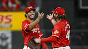 Sep 19, 2025; St. Louis, Missouri, USA;  St. Louis Cardinals third baseman Nolan Arenado (28) celebrates with first baseman Alec Burleson (41) after the Cardinals defeated the Milwaukee Brewers at Busch Stadium. Mandatory Credit: Jeff Curry-Imagn Images