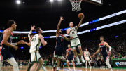 Apr 14, 2024; Boston, Massachusetts, USA;  Boston Celtics guard Payton Pritchard (11) drives to the basket.