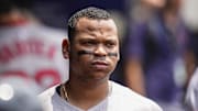 Boston Red Sox designated hitter Rafael Devers (11) shown in the dugout before the game against the Atlanta Braves at Truist Park on June 1.