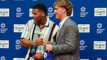 Apr 25, 2025; East Rutherford, NJ, US; New York Giants first round draft picks, Abdul Carter and Jaxson Dart interact after posing for photos prior to the start of the press conference.  Mandatory Credit: Thomas Salus-Imagn Images