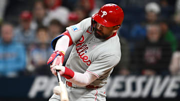 Philadelphia Phillies designated hitter Kyle Schwarber (12) hits a home run during the eighth inning against the Cleveland Guardians at Progressive Field on May 11.