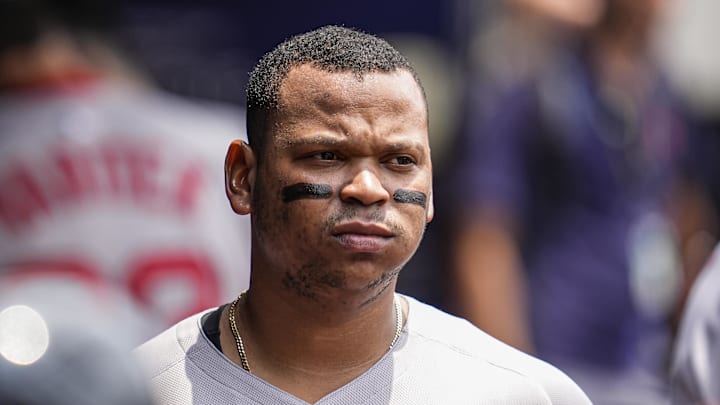 Jun 1, 2025; Cumberland, Georgia, USA; Boston Red Sox designated hitter Rafael Devers (11) shown in the dugout before the game against the Atlanta Braves at Truist Park. Mandatory Credit: Dale Zanine-Imagn Images