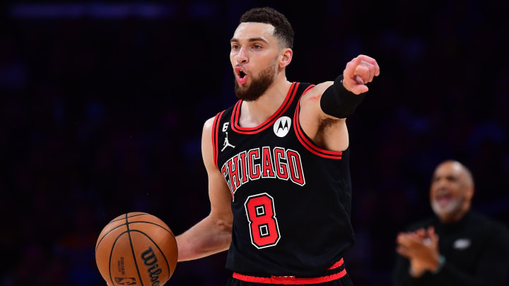 Mar 26, 2023; Los Angeles, California, USA; Chicago Bulls guard Zach LaVine (8) controls the ball against the Los Angeles Lakers during the second half at Crypto.com Arena. =