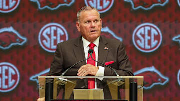 Jul 17, 2025; Atlanta, GA, USA; Arkansas Razorbacks head coach Sam Pittman talks to the media during the SEC Media Days at Omni Atlanta Hotel. Mandatory Credit: Jordan Godfree-Imagn Images