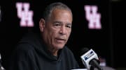 Houston head coach Kelvin Sampson talks to the media.