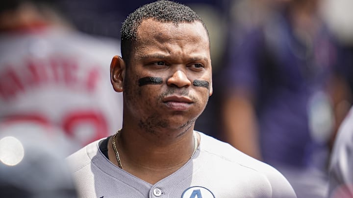 Jun 1, 2025; Cumberland, Georgia, USA; Boston Red Sox designated hitter Rafael Devers (11) shown in the dugout before the game against the Atlanta Braves at Truist Park. Mandatory Credit: Dale Zanine-Imagn Images