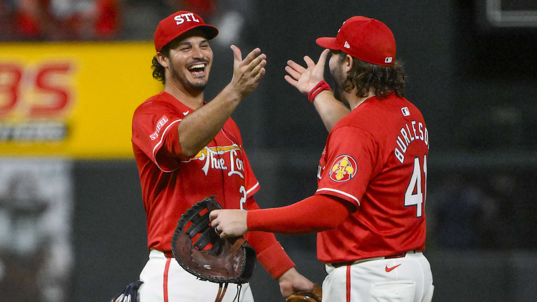 Sep 19, 2025; St. Louis, Missouri, USA; St. Louis Cardinals third baseman Nolan Arenado (28) celebrates with first baseman Alec Burleson (41) after the Cardinals defeated the Milwaukee Brewers at Busch Stadium. Mandatory Credit: Jeff Curry-Imagn Images Sep 19, 2025; St. Louis, Missouri, USA; St. Louis Cardinals third baseman Nolan Arenado (28) celebrates with first baseman Alec Burleson (41) after the Cardinals defeated the Milwaukee Brewers at Busch Stadium. Mandatory Credit: Jeff Curry-Imagn Images
