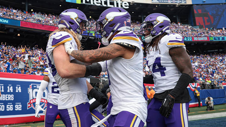 Sep 8, 2024; East Rutherford, New Jersey, USA; Minnesota Vikings linebacker Andrew Van Ginkel (43) celebrates his interception return for a touchdown against the New York Giants during the second half at MetLife Stadium. Mandatory Credit: Vincent Carchietta-Imagn Images