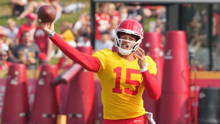 Kansas City Chiefs quarterback Patrick Mahomes throws a pass during training camp at Missouri Western State University.