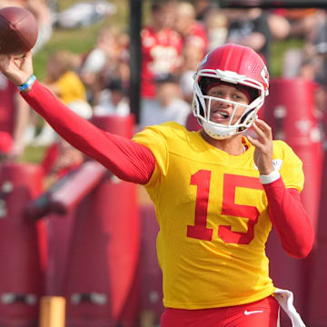 Chiefs quarterback Patrick Mahomes throws a pass during 2024 training camp at Missouri Western State University