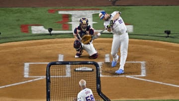 Jul 15, 2024; Arlington, TX, USA; National League first baseman Pete Alonso of the New York Mets (20) bats during the 2024 All Star Game Home Run Derby at Globe Life Field. Mandatory Credit: Jerome Miron-USA TODAY Sports