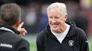 Dec 7, 2025; Paradise, Nevada, USA;  Las Vegas Raiders head coach Pete Carroll on the field prior to a game against the Denver Broncos at Allegiant Stadium. Mandatory Credit: Stephen R. Sylvanie-Imagn Images