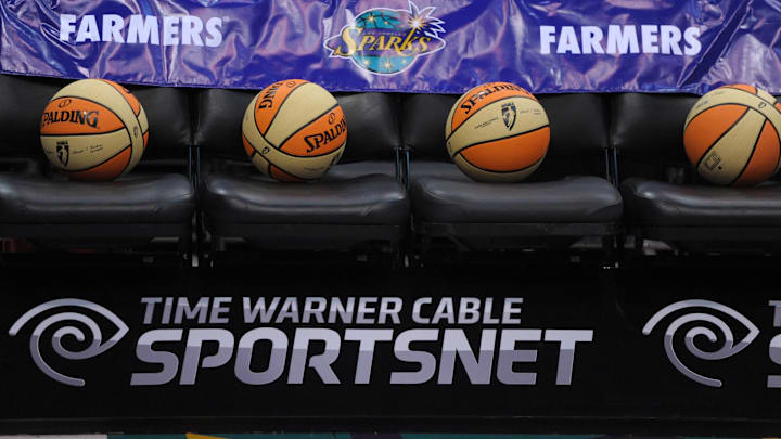 May 22, 2012; Los Angeles, CA, USA; General view of WNBA basketballs on the bench before the game between the Seattle Storm and the Los Angeles Sparks at the Staples Center. Mandatory Credit: Kirby Lee/Image of Sport-Imagn Images