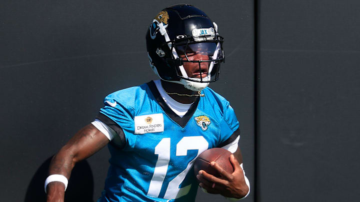 Jacksonville Jaguars wide receiver Travis Hunter (12) hits the padded wall after a sucessful reception during the second mandatory minicamp at Miller Electric Center Wednesday, June 11, 2025 in Jacksonville, Fla. Jacksonville Jaguars wide receiver Travis Hunter (12) hits the padded wall after a sucessful reception during the second mandatory minicamp at Miller Electric Center Wednesday, June 11, 2025 in Jacksonville, Fla.