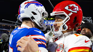 Jan 21, 2024; Orchard Park, New York, USA; Kansas City Chiefs quarterback Patrick Mahomes (15) greets Buffalo Bills quarterback Josh Allen (17) following the 2024 AFC divisional round game at Highmark Stadium.
