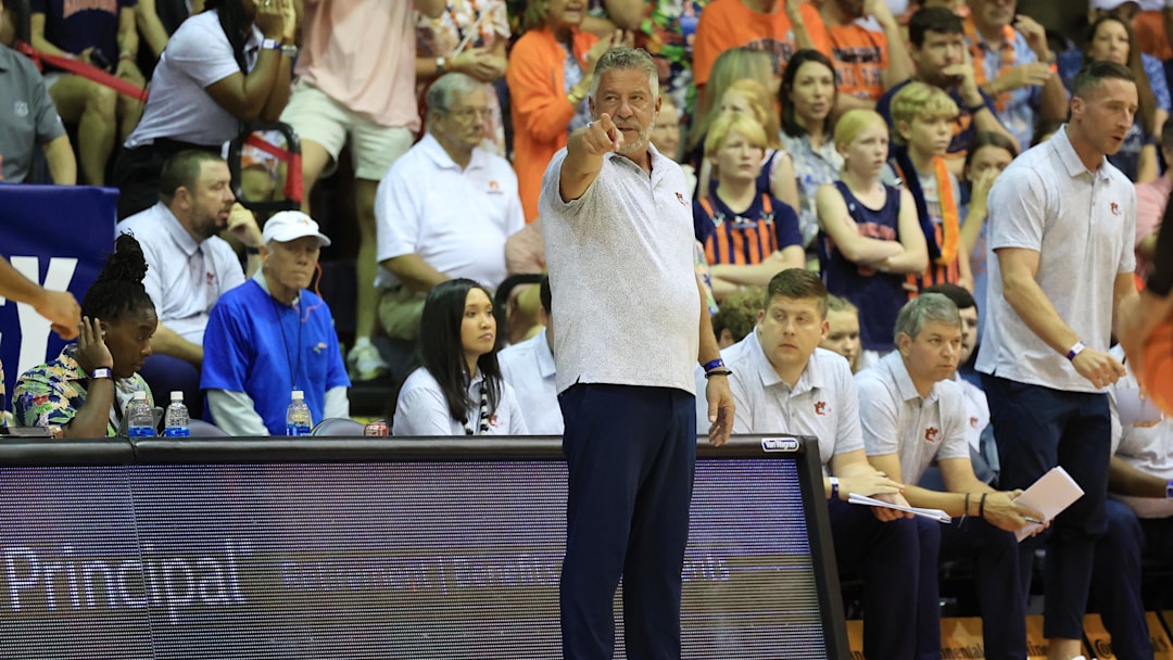 Nov 27, 2024; Lahaina, Hawaii, USA;  Auburn Tigers head coach Bruce Pearl reacts to play as his team takes on the Memphis Tigers in the first half at Lahaina Civic Center. Mandatory Credit: Marco Garcia-Imagn Images