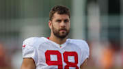 Aug 1, 2025; Tampa, FL, USA; Tampa Bay Buccaneers linebacker Anthony Nelson (98) participates in training camp at AdventHealth Training Center. Mandatory Credit: Nathan Ray Seebeck-Imagn Images
