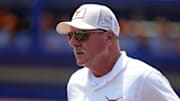 Texas coach Mike White during a Women's College World Series softball game between the Tennessee Volunteers and the Texas Longhorns at Devon Park in Oklahoma City, Monday, June 2, 2025. Texas won 2-0.