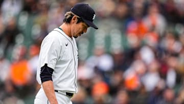 Detroit Tigers pitcher Kenta Maeda (18) walks off the mound for a pitching change against Chicago White Sox during the ninth inning of home opening day at Comerica Park in Detroit on Friday, April 4, 2025.
