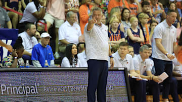 Nov 27, 2024; Lahaina, Hawaii, USA;  Auburn Tigers head coach Bruce Pearl reacts to play as his team takes on the Memphis Tigers in the first half at Lahaina Civic Center. Mandatory Credit: Marco Garcia-Imagn Images