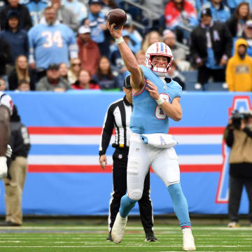 Dec 17, 2023; Nashville, Tennessee, USA; Tennessee Titans quarterback Will Levis (8) throws against the Houston Texans during the first half at Nissan Stadium. Mandatory Credit: Christopher Hanewinckel-USA TODAY Sports