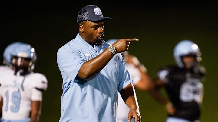 Centennial head coach Jay Graham works with his team during practice at Centennial High School in Franklin, Tenn., Monday, July 28, 2025. Centennial head coach Jay Graham works with his team during practice at Centennial High School in Franklin, Tenn., Monday, July 28, 2025.