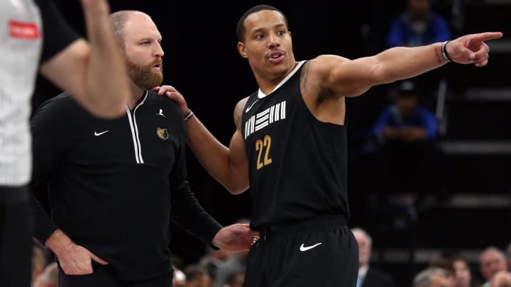 Mar 16, 2024; Memphis, Tennessee, USA; Memphis Grizzlies guard Desmond Bane (22) talks with head coach Taylor Jenkins (left) during the first half against the Oklahoma City Thunder at FedExForum. Mandatory Credit: Petre Thomas-USA TODAY Sports