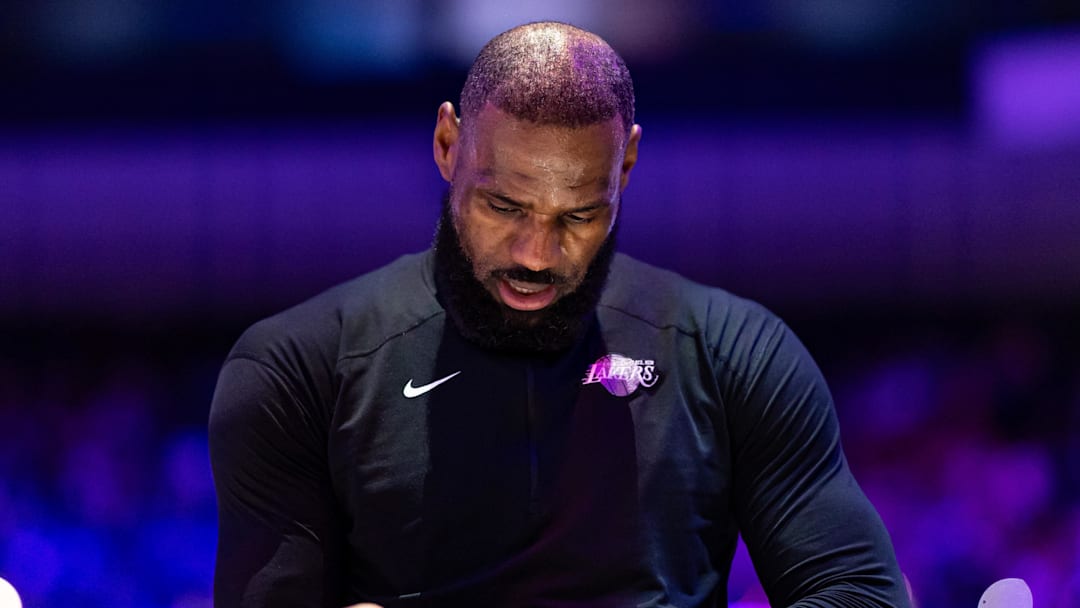 Jan 28, 2025; Philadelphia, Pennsylvania, USA; Los Angeles Lakers forward LeBron James (23) before action against the Philadelphia 76ers at Wells Fargo Center.