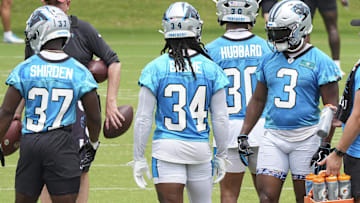 Backfield members Carolina Panthers running back Jaden Shirden (37), running back Mike Boone (34), running back Chuba Hubbard (30) and running back Raheem Blackshear (3) during OTAs.