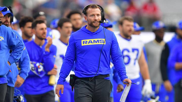 Sep 22, 2024; Inglewood, California, USA; Los Angeles Rams head coach Sean McVay watches game action against the San Francisco 49ers during the second half at SoFi Stadium. Mandatory Credit: Gary A. Vasquez-Imagn Images