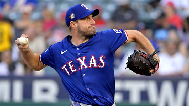 Jul 9, 2024; Anaheim, California, USA;  Texas Rangers starting pitcher Max Scherzer (31) delivers to the plate in the first inning against the Los Angeles Angels at Angel Stadium. Mandatory Credit: Jayne Kamin-Oncea-Imagn Images