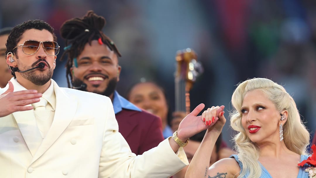 Feb 8, 2026; Santa Clara, CA, USA; Bad Bunny and Lady Gaga perform the halftime show in Super Bowl LX between the Seattle Seahawks and the New England Patriots at Levi's Stadium. Mandatory Credit: Mark J. Rebilas-Imagn Images
