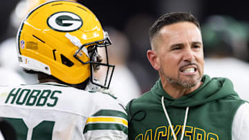 Oct 19, 2025; Glendale, Arizona, USA; Green Bay Packers head coach Matt LaFleur with cornerback Nate Hobbs (21) against the Arizona Cardinals at State Farm Stadium.