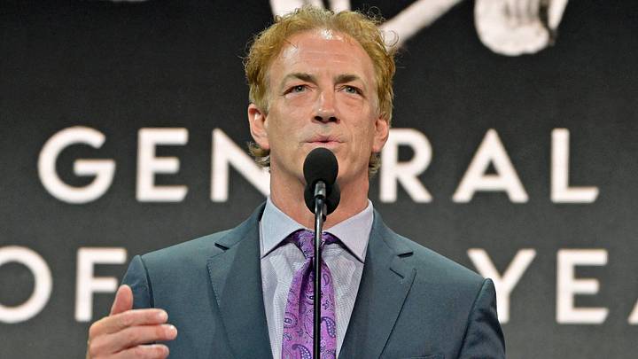 Jul 7, 2022; Montreal, Quebec, CANADA; Colorado Avalanche executive vice president and general manager Joe Sakic speaks after receiving the Jim Gregory general manager of the year award during the first round of the 2022 NHL Draft at Bell Centre. Mandatory Credit: Eric Bolte-USA TODAY Sports