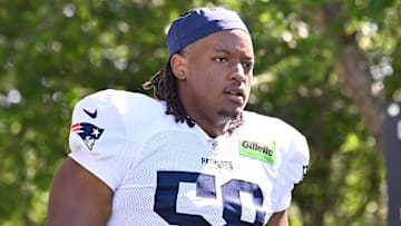 Jul 28, 2025; Foxborough, MA, USA; New England Patriots center Jared Wilson (58) heads to the practice fields for training camp at Gillette Stadium. Mandatory Credit: Eric Canha-Imagn Images
